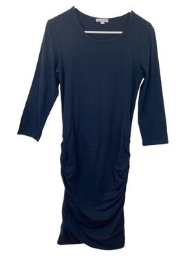 James Perse Standard Ruched Midi Dress Sz 3 Large Jersey Stretch Knit Navy Blue